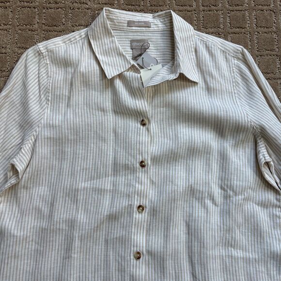 Chico's 100% Linen Button Down Shirt Women's 0 / US 4-6 Stripe Roll Sleeve NWT - Picture 2 of 8